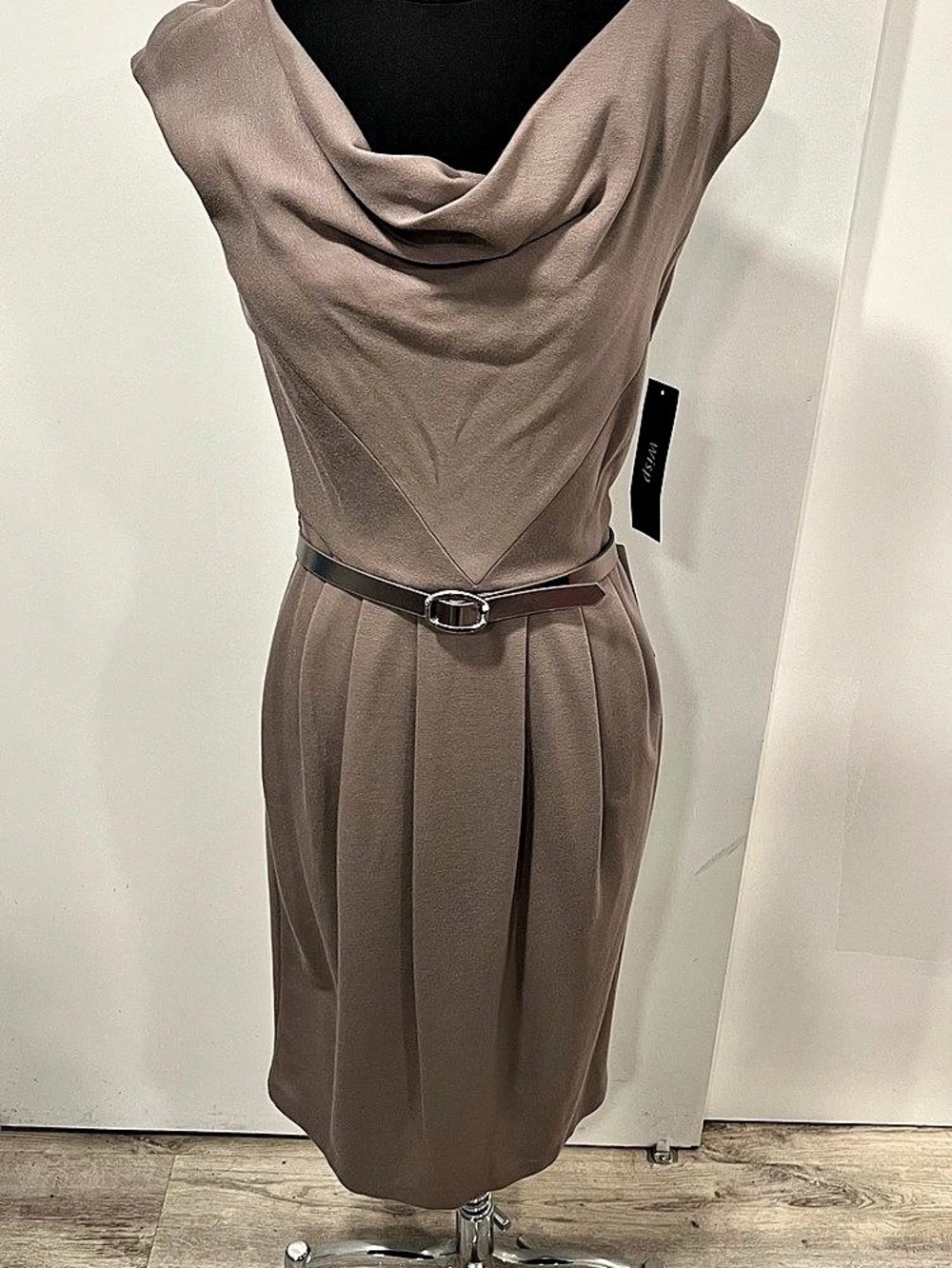 Wisp  Draped Neck Midi Dress in Tan/Brown Size 8 NWT Belt buckle a little peeled